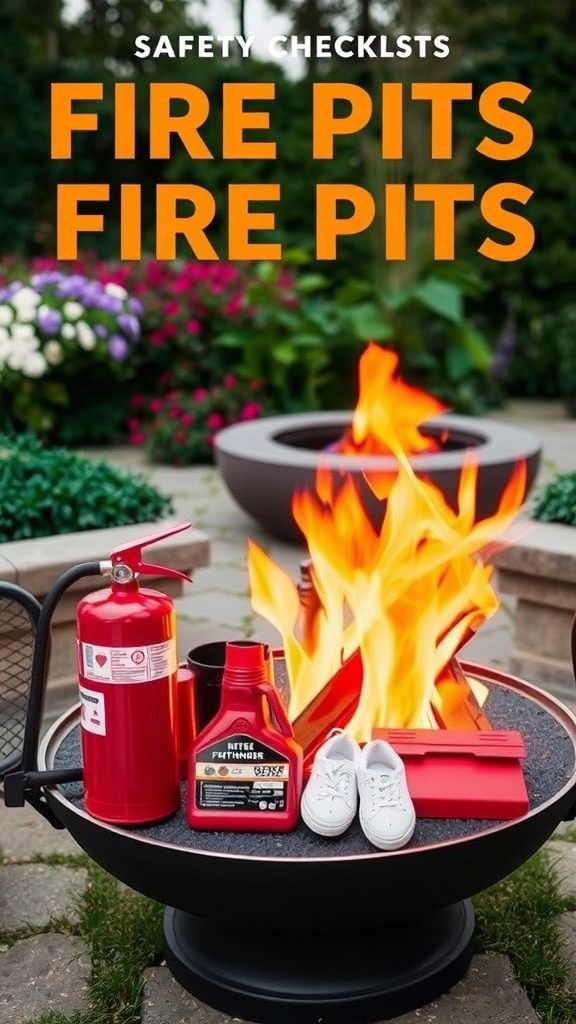 A garden setting with a fire pit, fire extinguisher, and safety checklist.