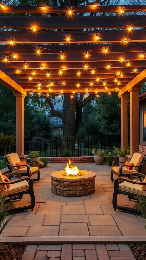 Fire pit surrounded by chairs under a pergola with string lights.