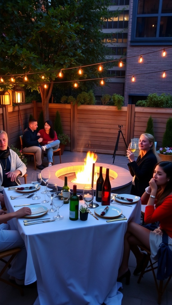A group of people enjoying dinner around a fire pit in a cozy backyard setting.