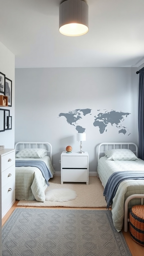 Two twin beds in a boys' bedroom with a world map on the wall.