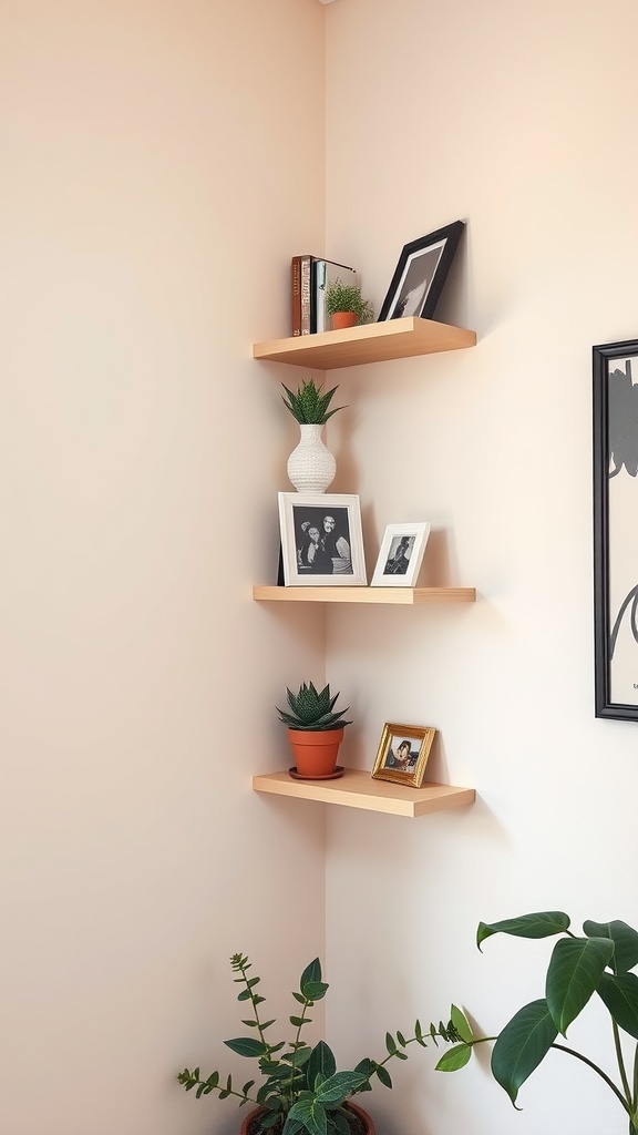 A corner featuring three floating wooden shelves displaying books, plants, and framed photos against a peach wall.