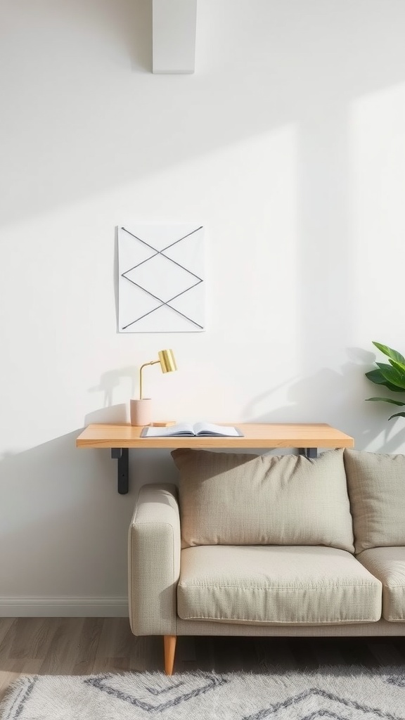 A cozy living room with a floating desk above a sofa, featuring a lamp and a book, in a bright, modern setting.