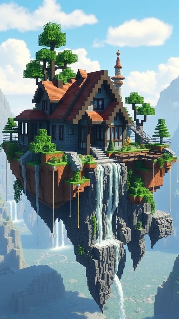 A Minecraft floating island home with a house, trees, and waterfalls.