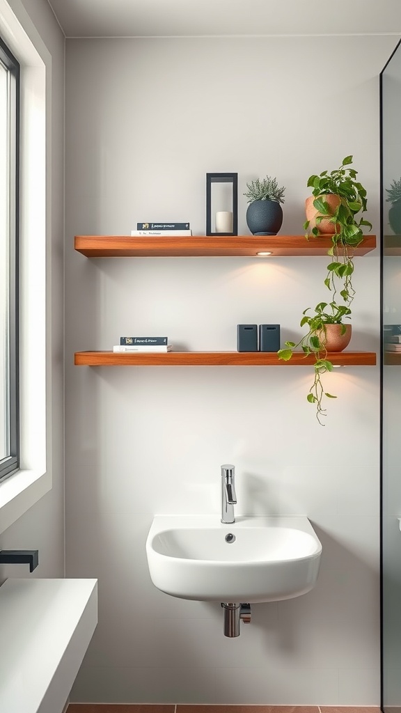 Modern bathroom with floating wooden shelves, plants, and decorative items