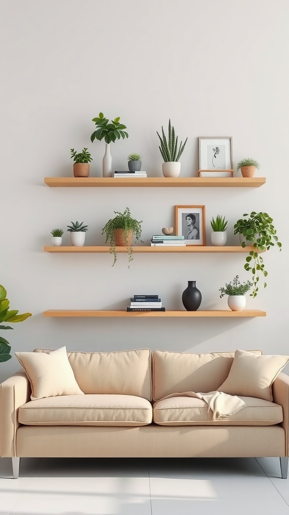 A cozy living room with floating shelves above a beige couch, featuring plants and decorative items.