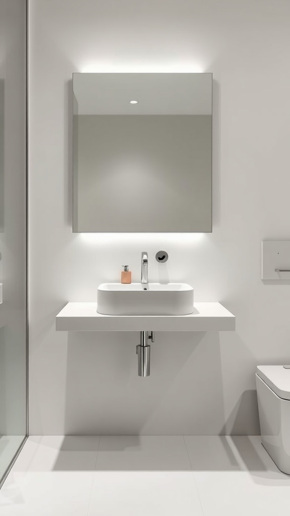 A modern floating sink with a stylish rounded basin and illuminated mirror in a contemporary bathroom