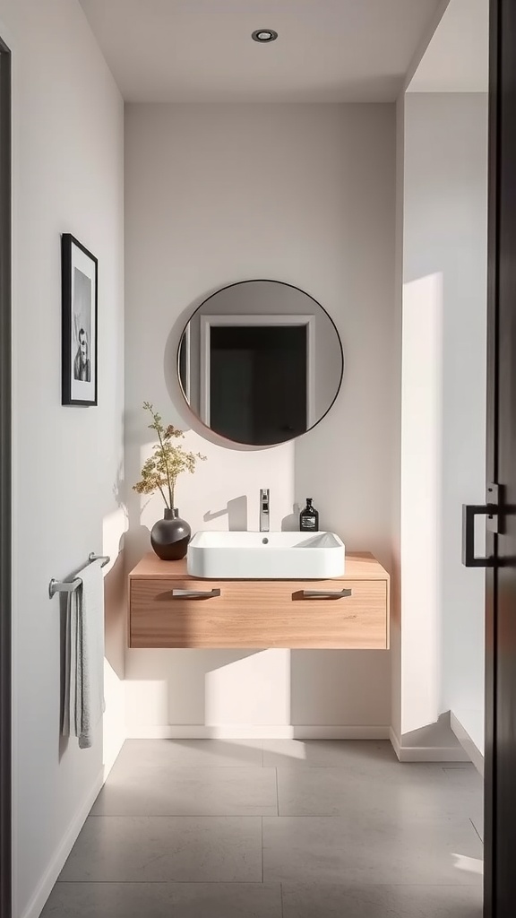 A modern bathroom with a floating vanity, large round mirror, and minimal decor.
