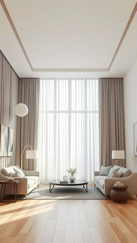 A modern living room with floor-to-ceiling curtains, large windows, and light furniture.