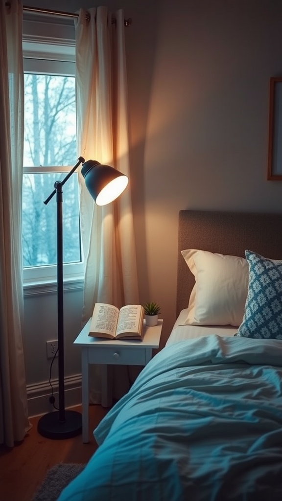 A cozy bedroom corner featuring a floor lamp, nightstand with an open book, and soft bedding.