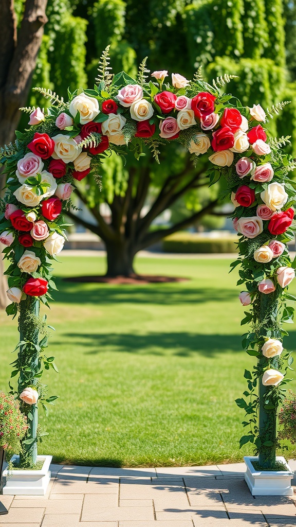 A floral archway decorated with red, pink, and cream roses, set in a green outdoor space.