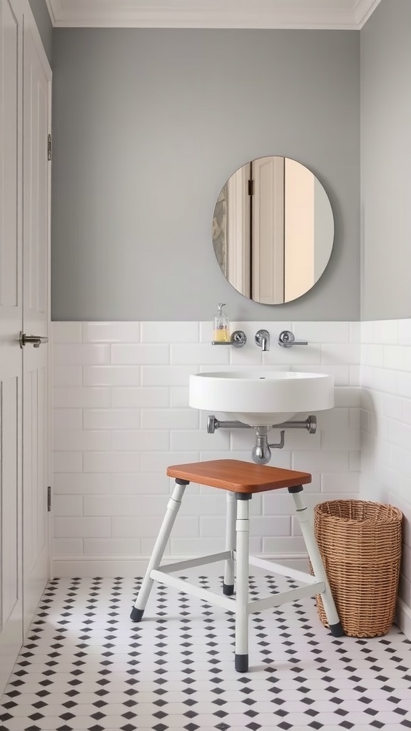 A small bathroom featuring a folding step stool with a wooden seat, a round mirror, and a sink.
