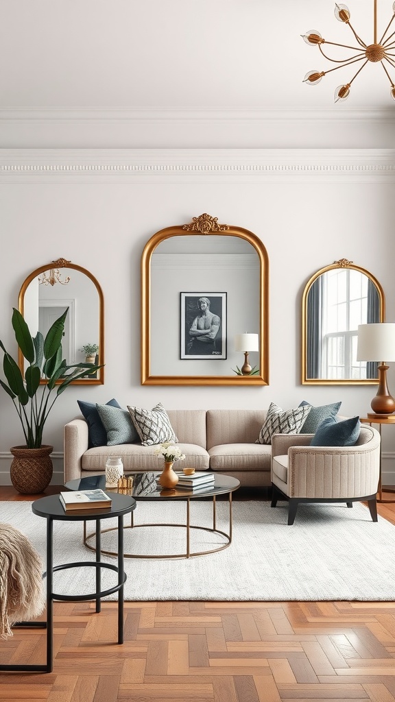 Stylish living room featuring three framed mirrors above a sofa, with decorative cushions and a coffee table.