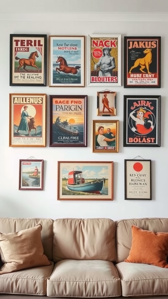 A living room wall decorated with various framed vintage posters, showcasing a mix of colors and designs.