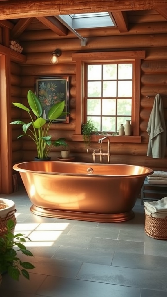 A rustic bathroom featuring a freestanding copper bathtub, wooden log walls, and natural light from windows