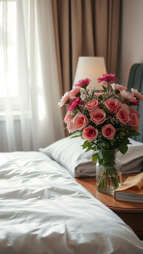A vase of fresh pink roses and gerberas on a bedside table next to a neatly made bed