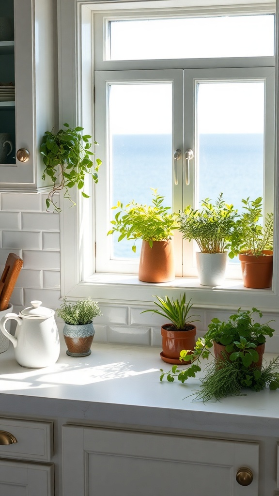 A bright kitchen windowsill filled with various potted herbs and plants, overlooking the sea.