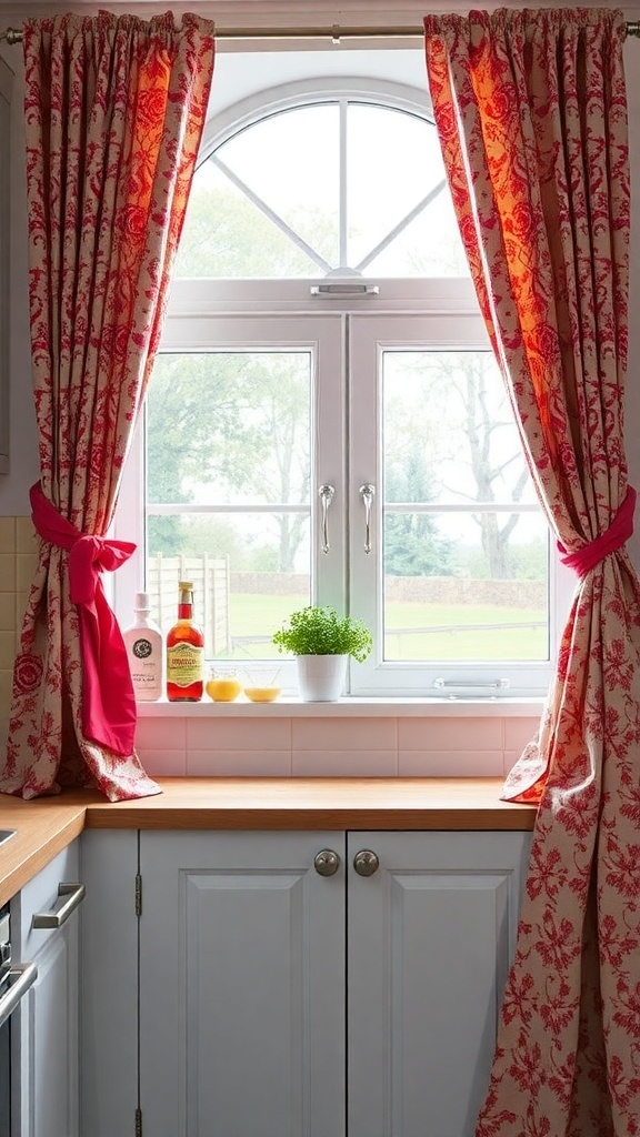 Kitchen curtains with floral pattern tied back with pink ribbons, showcasing a bright window.
