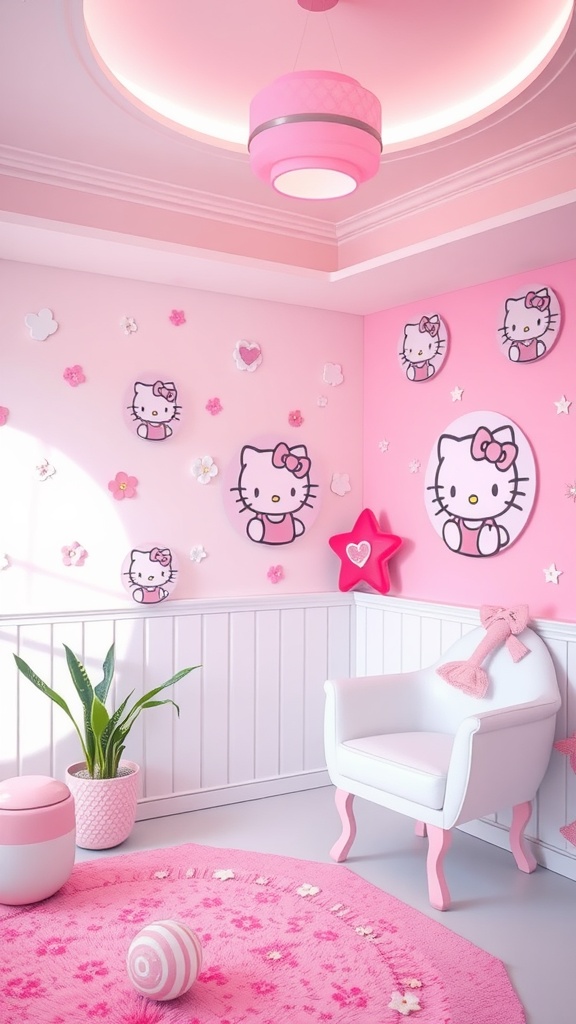 A Hello Kitty themed bedroom with pink walls, cute decorations, and cozy furniture.