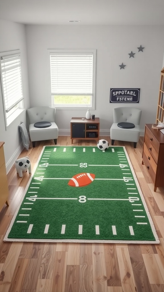 A sports-themed rug designed like a football field, featuring yard lines and a football, placed in a boy's bedroom.