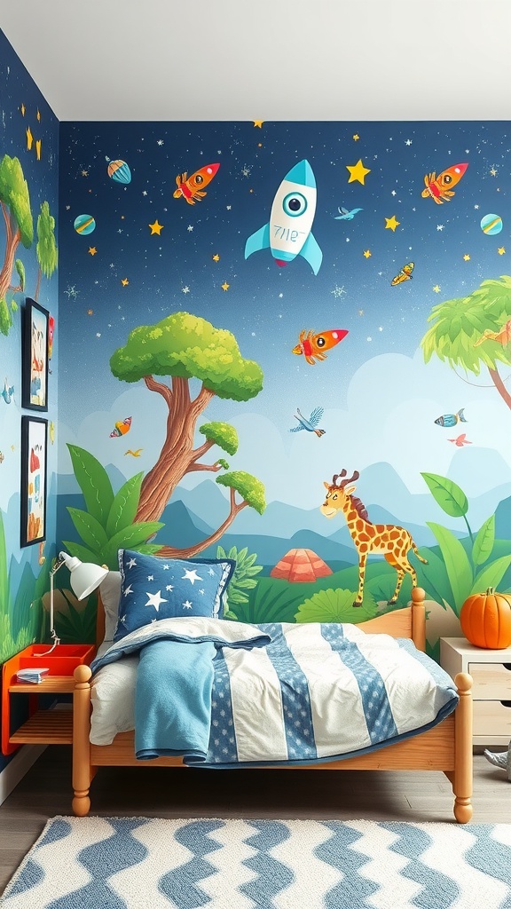 Colorful wall mural featuring rockets, stars, trees, and animals in a boys' bedroom.