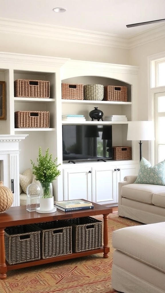 A coastal living room featuring stylish storage solutions with woven baskets and a coffee table with storage.
