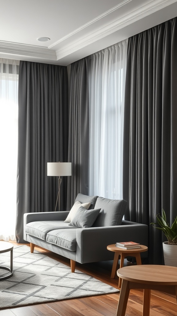 A modern living room featuring dark blackout curtains, a gray sofa, and wooden furniture.