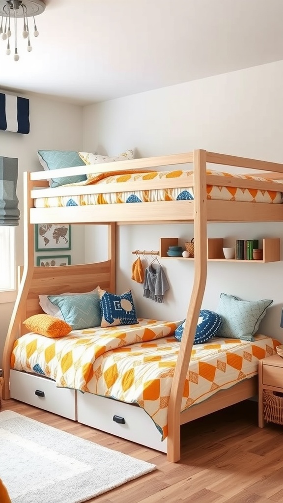 A cozy and colorful room featuring a wooden bunk bed with storage drawers, decorated with bright bedding and pillows.