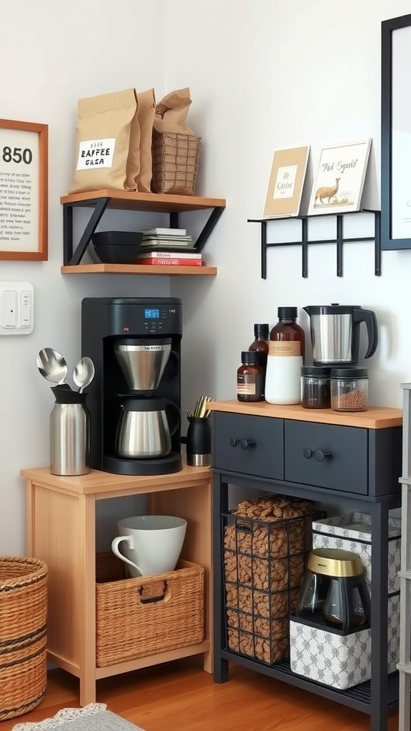 A cozy coffee corner with storage solutions including shelves, a coffee maker, and jars.