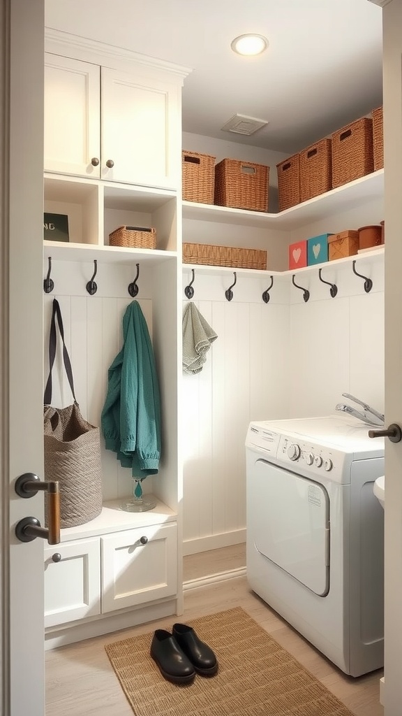 A modern mudroom laundry room featuring a washing machine, storage bins, and hooks for coats.