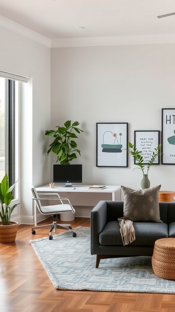 A modern home office setup featuring a desk, chair, plants, and a cozy living room area.