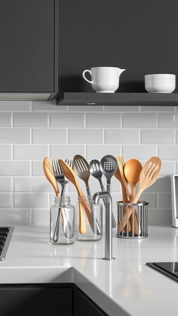 Stylish kitchen counter with utensil holders and modern decor