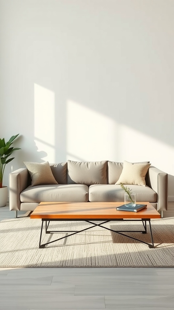 A minimalist living room featuring a light sofa, wooden coffee table, and a plant.