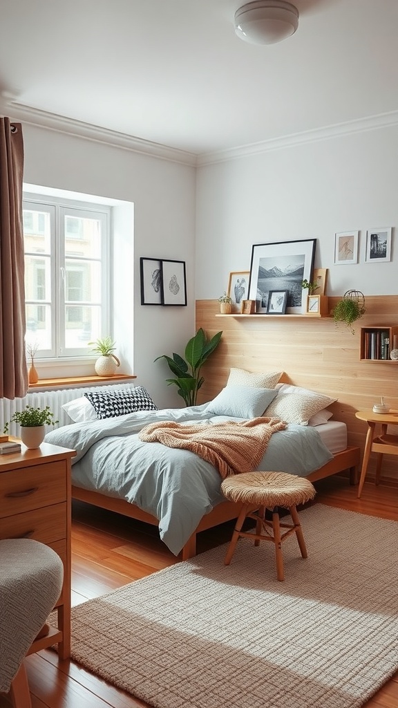 Cozy Scandinavian bedroom featuring functional furniture, wooden accents, and a bright airy feel.