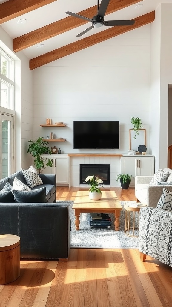 Modern farmhouse living room with functional furniture pieces including a sofa, coffee table, and side tables.