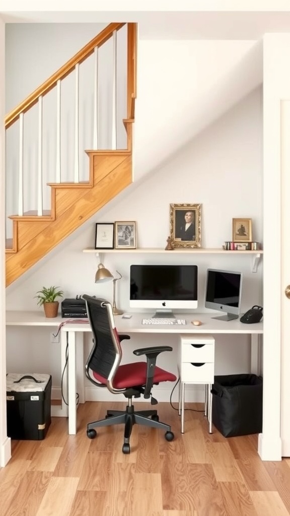 Home office under staircase with desk, chair, and two monitors.