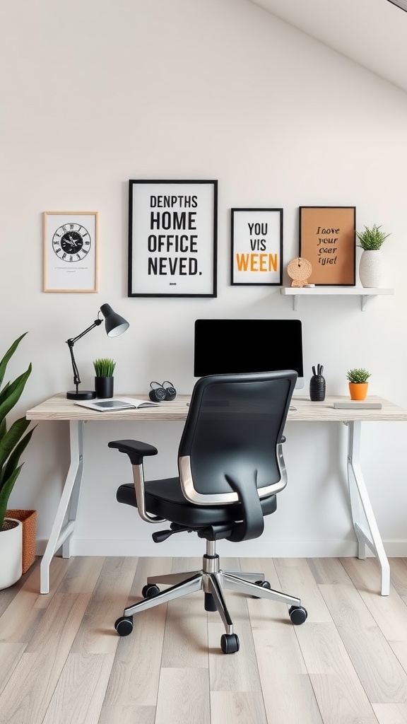 A stylish home office setup featuring a desk, black chair, computer, and motivational wall art.