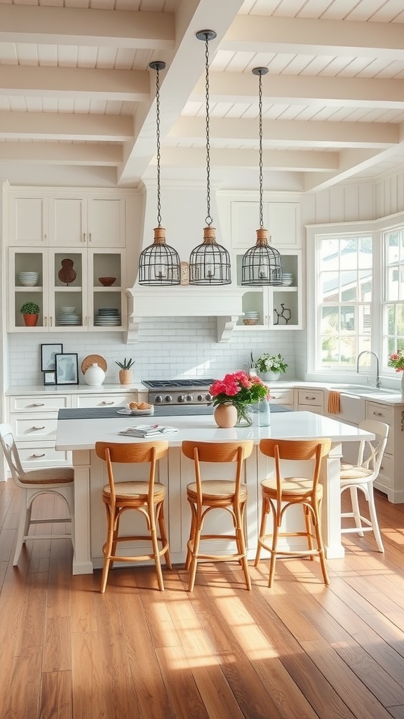 A bright coastal kitchen featuring a functional island with seating, stylish pendant lights, and warm wood accents.