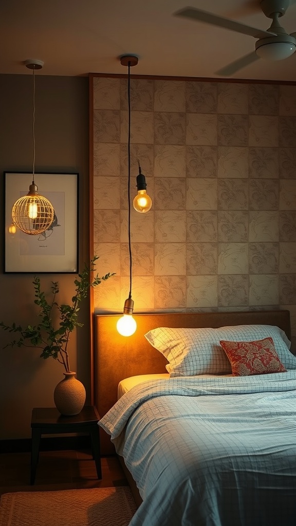 A cozy Japandi bedroom featuring hanging lights, a plant, and a neatly made bed.