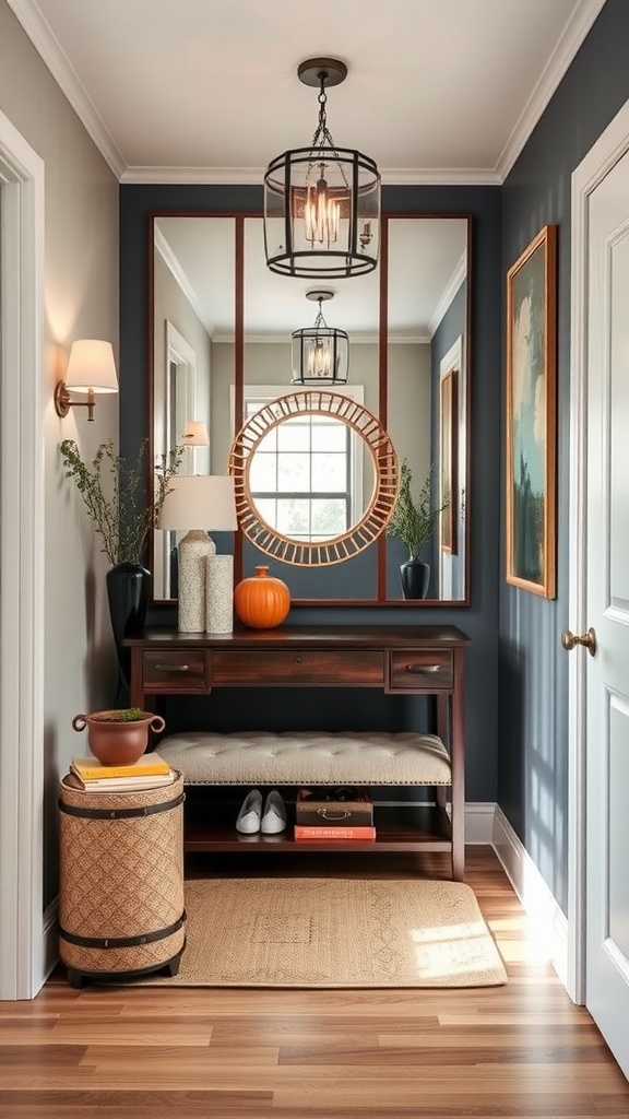 Stylish entryway featuring multiple mirrors, a console table, and warm lighting