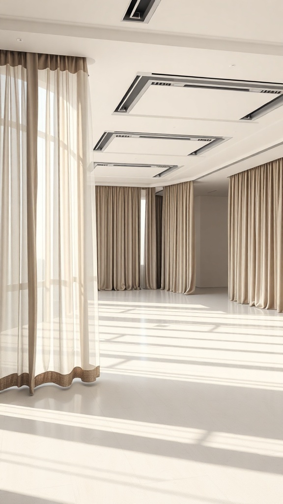 Bright room with soft curtains acting as room dividers