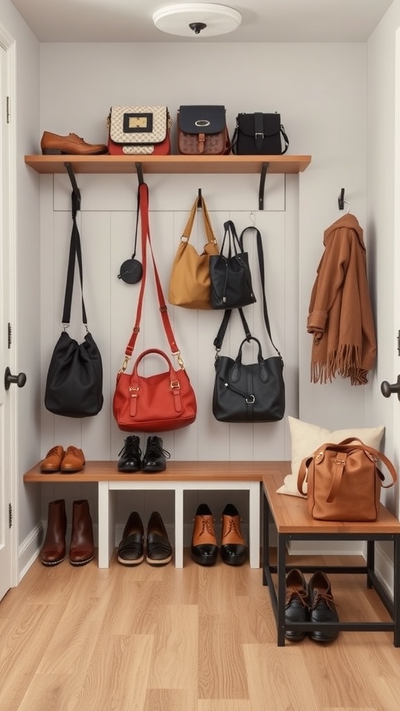 A functional entryway with a shelf for bags, hooks for coats, and a bench for shoes.