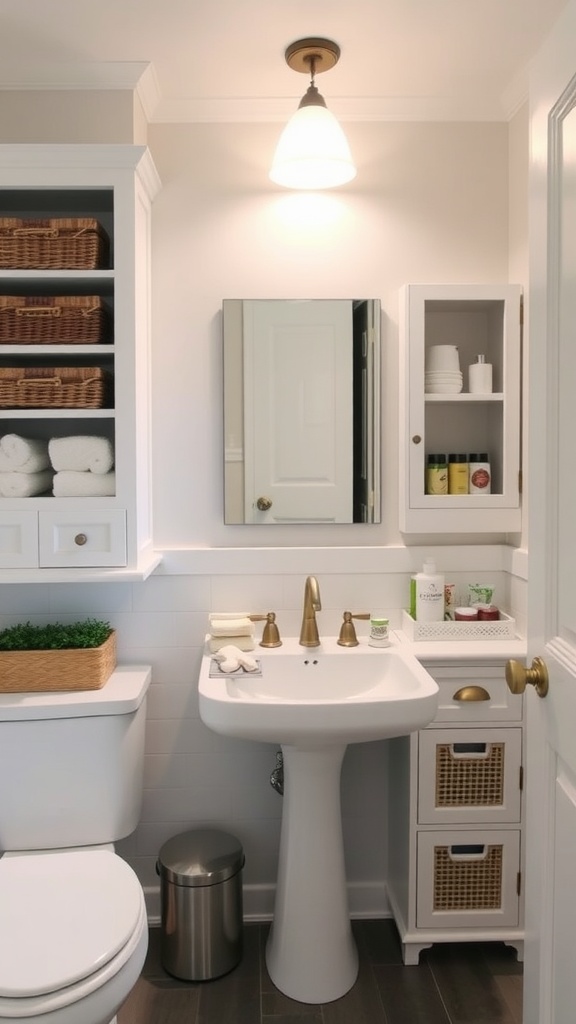A stylish bathroom featuring effective storage solutions, including a cabinet with woven baskets and a mirrored medicine cabinet.
