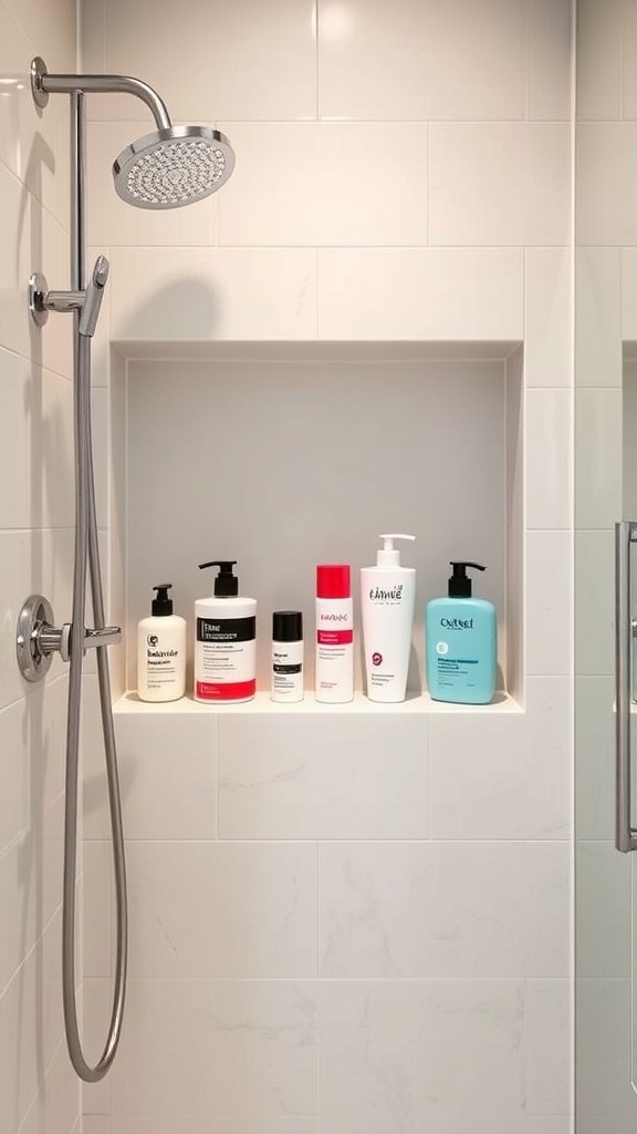 A sleek shower niche with various toiletries neatly arranged.