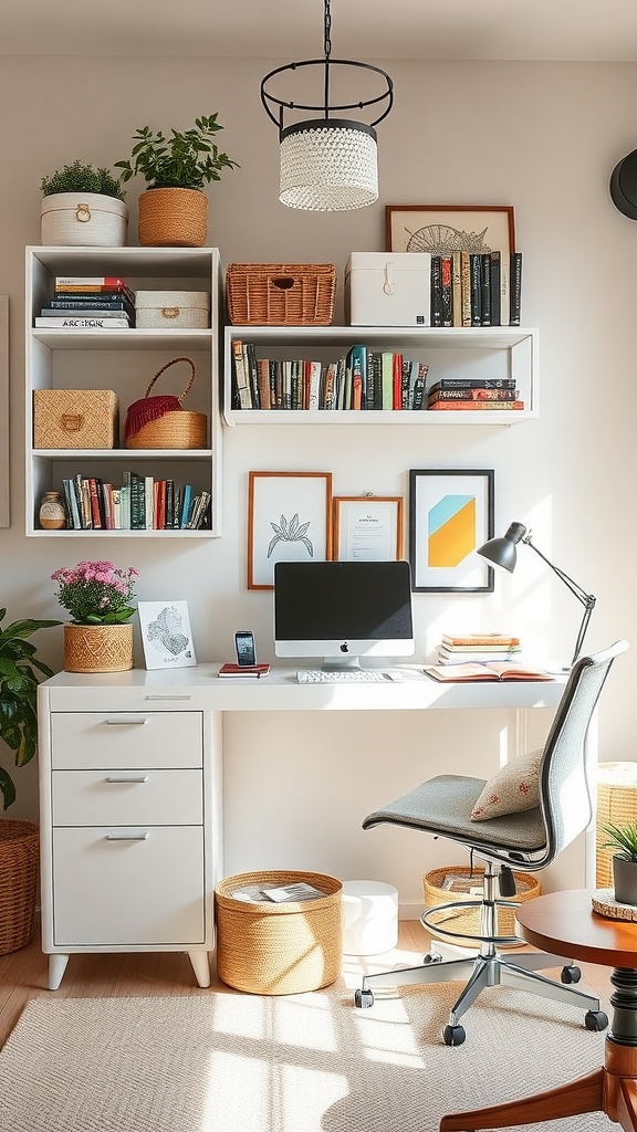 Bright home office with wall-mounted shelves, a desk, and cozy storage solutions.
