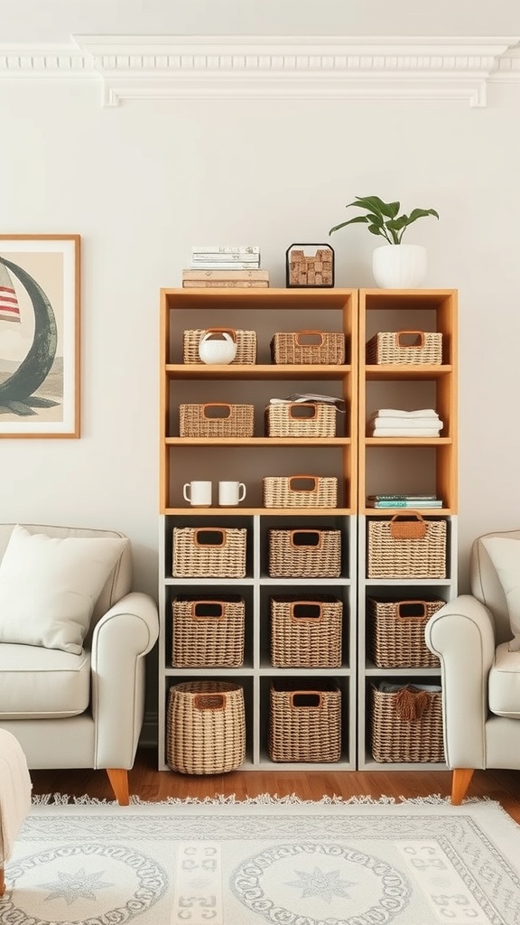 A neutral living room featuring a wooden shelving unit with woven baskets, a plant, and decorative items.