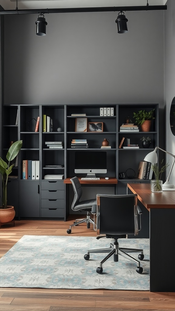 A modern office space with dark shelving, a wooden desk, and comfortable chairs, featuring organized storage and decorative elements.