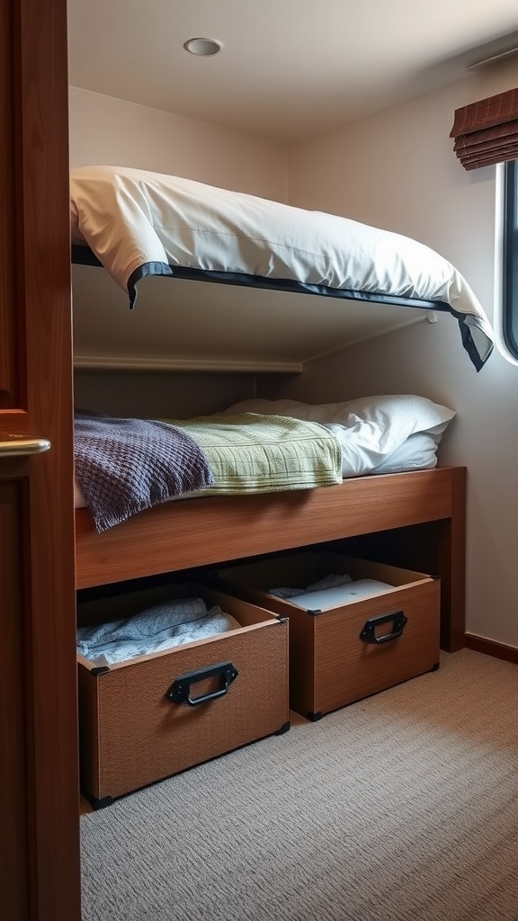 A small guest bedroom featuring a lofted bed with storage drawers underneath.