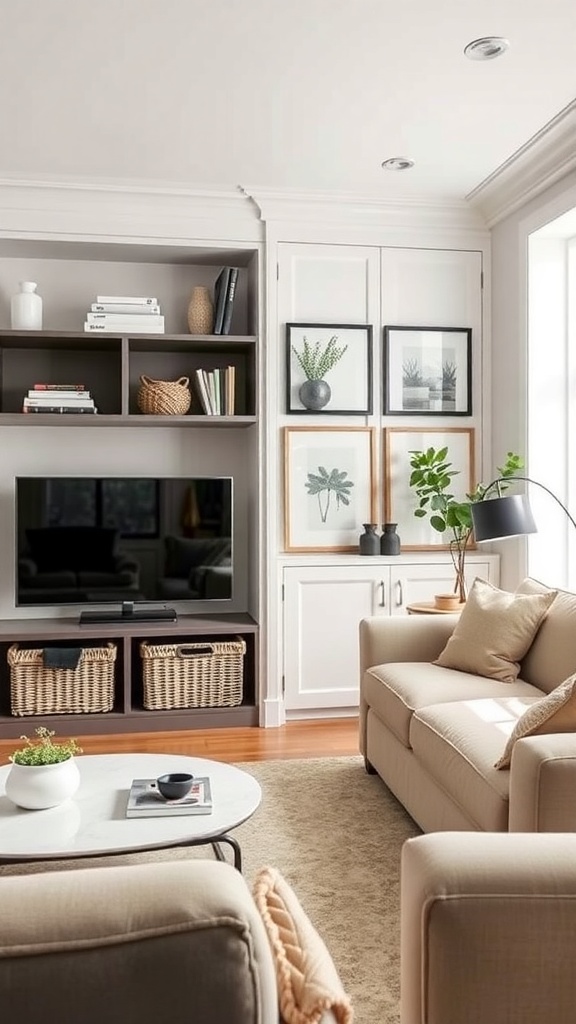 A modern living room featuring stylish storage solutions with open shelves, woven baskets, and decorative plants.