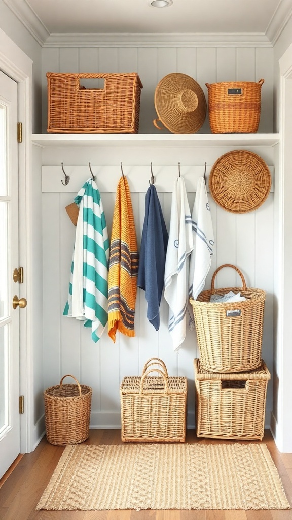 A stylish beach house entryway featuring woven baskets and hooks for storage.
