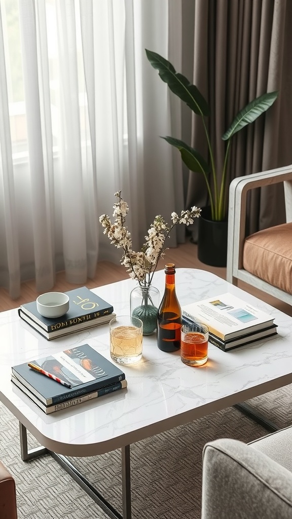 A stylish marble coffee table with books, glasses, and a vase, set in a cozy living room.